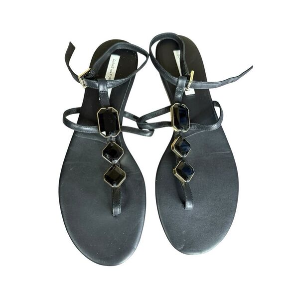 Diane von Furstenberg Black T-Strap Leather Sandals Gem Detail Size 9 - Picture 3 of 9